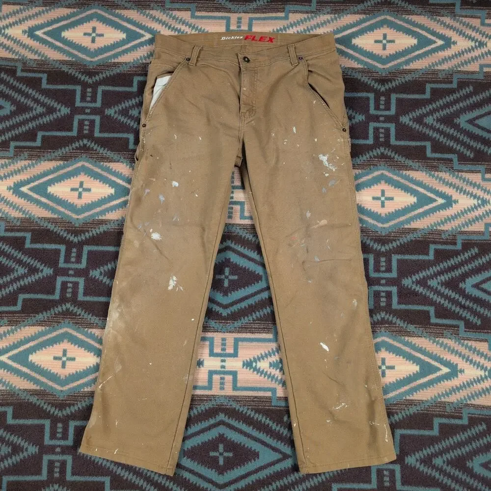 Dickies Carpenter Pants Mens Size 34x29 Tan Flex Straight Workwear Painted